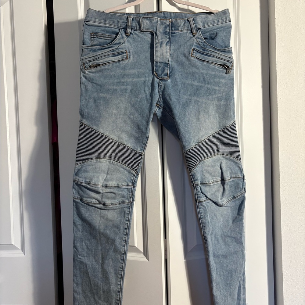 Balmain Light Wash Skinny Jeans with Striped Accents